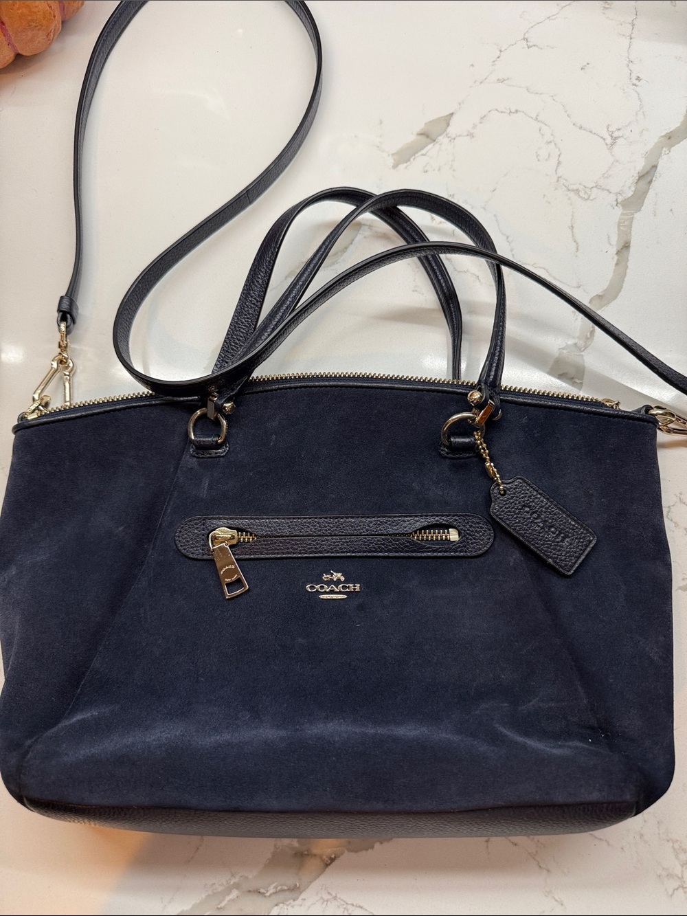 Coach Navy Suede Shoulder Bag with Gold Hardware